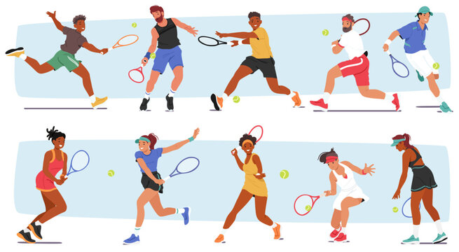 Set of Male and Female Characters Engage In Tennis, A Popular Sport. Young Men and Women with Racquets And A Ball - Powered by Adobe