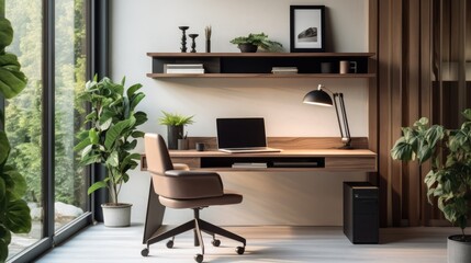 An organized and stylish home office with a modern desk and ergonomic chair, generative ai