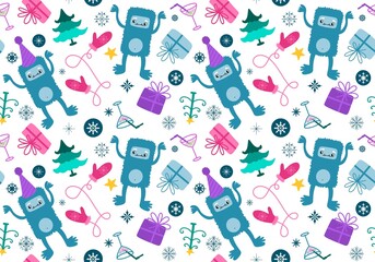 Cartoon yeti seamless Christmas pattern for wrapping paper and new year accessories and fabrics and kids
