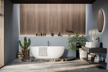 Modern bathroom interior with white bathtub and marble vanity, baskets, blue walls, concrete floor, plants, wooden wall panel, natural lighting. Minimal bathroom with modern furniture. 3d Rendering