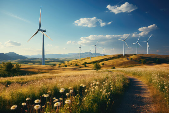 Renewable energy background showcasing wind turbines and solar panels, symbolizing green energy sources. Generative Ai.