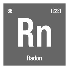 Radon, Rn, periodic table element with name, symbol, atomic number and weight. Inert gas with radioactive properties, used in scientific research and as a tracer in certain types of experiments.