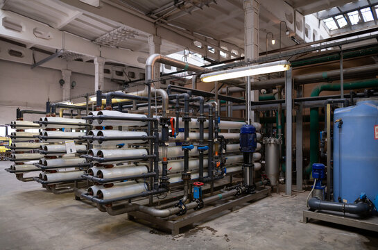 A large industrial set installation of reverse osmosis system and nanofiltration membranes for water treatment.
