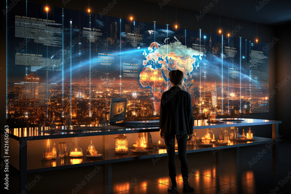 Poster artificial intelligence analyzing data on a digital screen. generative ai.