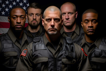 Fiction group portraits of working man and woman , different generations and occupations in their uniforms posing for labor day calendar, AI Generated images and persons. 