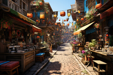A bustling street market with colorful stalls. Generative Ai.
