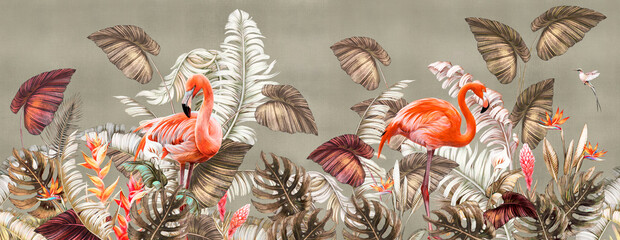 Illustration of tropical wallpaper design with exotic leaves and flowers. Hummingbird and flamingos. Paper texture background. Seamless texture.