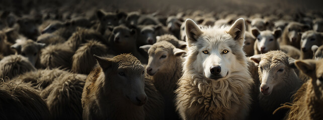 A Wolf In Sheep's Clothing - A wolf among dozens of sheep - Generative AI.