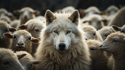 A Wolf In Sheep's Clothing - A wolf among dozens of sheep - Generative AI.
