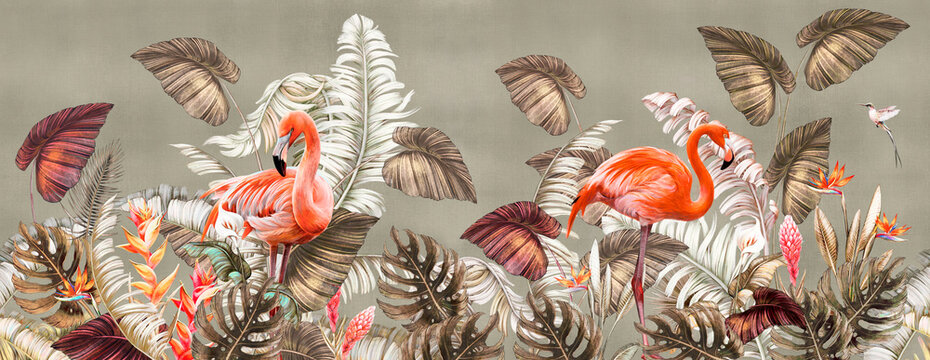 Illustration of tropical wallpaper design with exotic leaves and flowers. Hummingbird and flamingos. Paper texture background. Seamless texture.