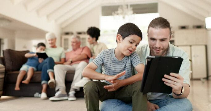 Tablet, home and happy family father, kid or people working on e learning, knowledge or helping son with online work. Elearning, remote school education and youth child, dad love and bond together