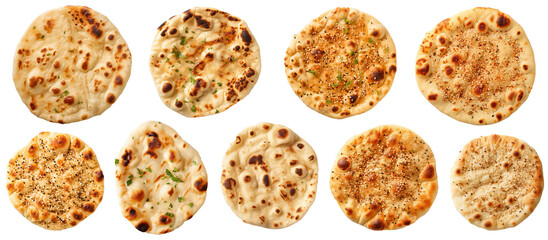 Different variety of naan breads, on a transparent background, having garlic naan, sesame naan, roghni naan, plain naan, png