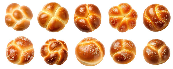 Variety of different sweet bakery buns, including brioche buns on a transparent png background, isolated