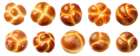 Fotobehang Variety of different sweet bakery buns, including brioche buns on a transparent png background, isolated © alixim
