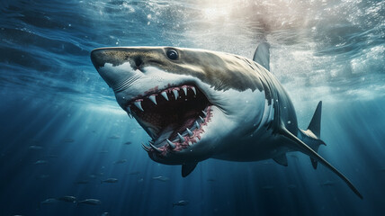 great white shark under water with teeth showing