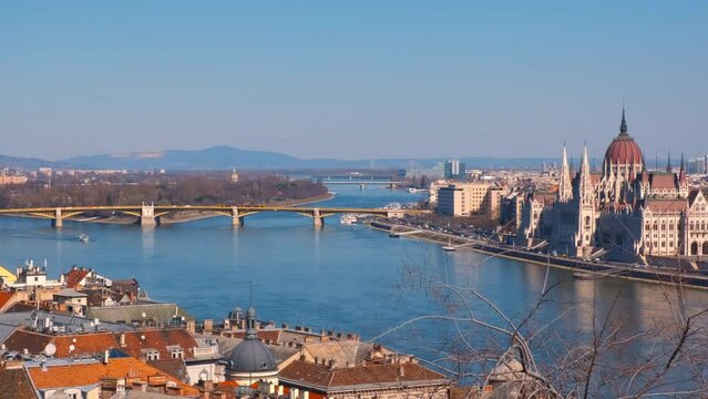 Secheny bridge over danube. A nice calm Danube river with Secheni bridge by the sunny Budapest.