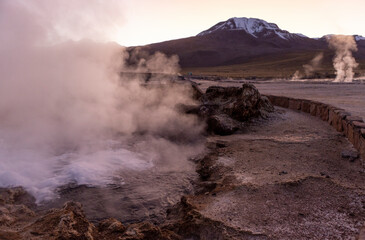 Exploring the fascinating geothermic fields of El Tatio with its steaming geysers and hot pools high up in the Atacama desert in Chile, South America
