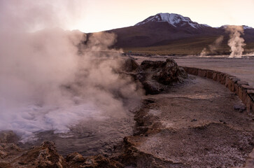 Exploring the fascinating geothermic fields of El Tatio with its steaming geysers and hot pools high up in the Atacama desert in Chile, South America
