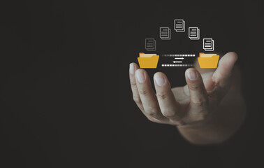 Man hand transferring files in virtual screen for Send of document on internet. Data transfer,...