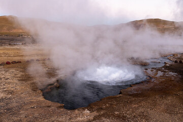 Exploring the fascinating geothermic fields of El Tatio with its steaming geysers and hot pools high up in the Atacama desert in Chile, South America
