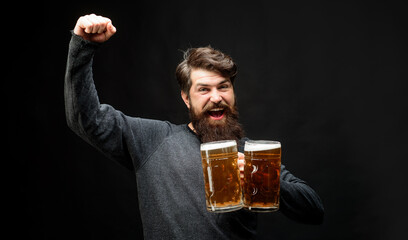 Celebration oktoberfest festival. Bearded man in beer pub with mugs of craft beer raised hand....