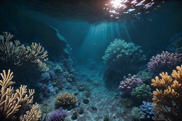Fototapeta na wymiar Undewater world landscape, reef, sea bottom with corals and seaweeds 
