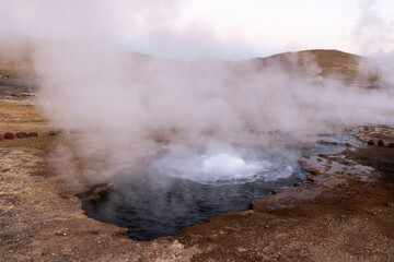 Exploring the fascinating geothermic fields of El Tatio with its steaming geysers and hot pools high up in the Atacama desert in Chile, South America
