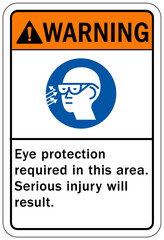 Wear eye protection warning sign and labels eye protection required in this area. Serious injury will result