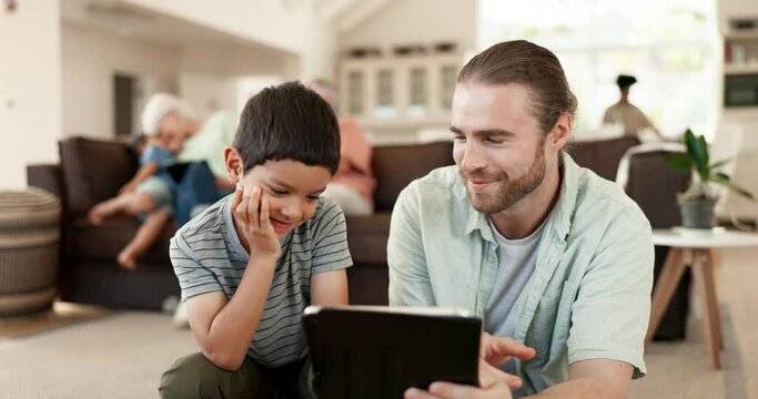 Tablet, love and happy family father, kid or people working on e learning, knowledge or support son with online school research. Home, youth child or dad bond, laugh or enjoy study, streaming or app
