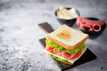 Sandwich with sausage, cheese and tomato for lunch