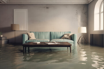 Water damager after flooding in basement with floating, created with Generative AI technology - obrazy, fototapety, plakaty