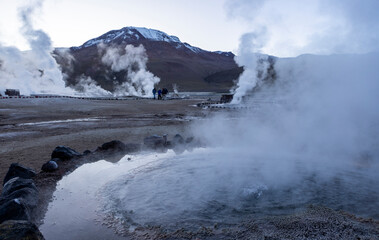 Exploring the fascinating geothermic fields of El Tatio with its steaming geysers and hot pools high up in the Atacama desert in Chile, South America
