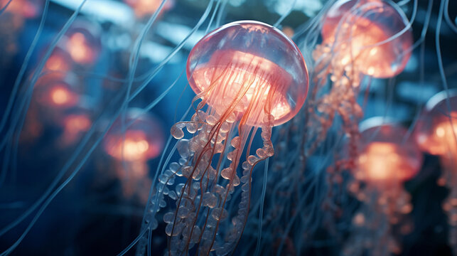 Jellyfish Tapestry: A Kaleidoscope of Graceful Tentacles Amidst the Oceanic Gathering