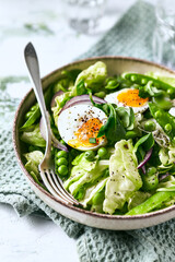 Salad of green vegetables and eggs. Healthy lifestyle diet. Copy space. Close-up