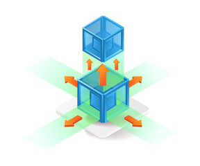 Stacked boxes with arrows going in all directions