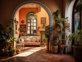 Sunkissed Mediterranean Reverie: An Invitingly Warm and Vibrant Interior with Rustic Tiles and Azure Accents