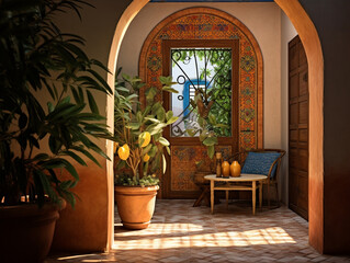 Fototapeta na wymiar Sunkissed Mediterranean Reverie: An Invitingly Warm and Vibrant Interior with Rustic Tiles and Azure Accents