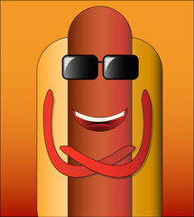Funny hot dog with glasses and a smile. Fast food. Sausage with a human face. Isolated on white background.