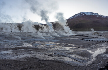 Exploring the fascinating geothermic fields of El Tatio with its steaming geysers and hot pools high up in the Atacama desert in Chile, South America