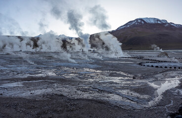 Exploring the fascinating geothermic fields of El Tatio with its steaming geysers and hot pools high up in the Atacama desert in Chile, South America