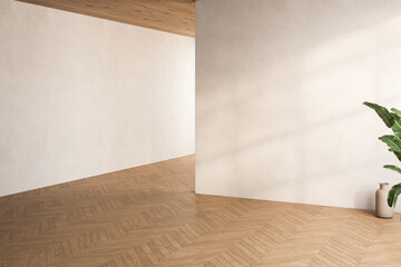 3d rendering of an empty living room with sunlight shine through a sliding door, wooden floor, white wall. Renovate, New house, Home loan, Property, Background, Mockup, Backdrop, Advertising.
