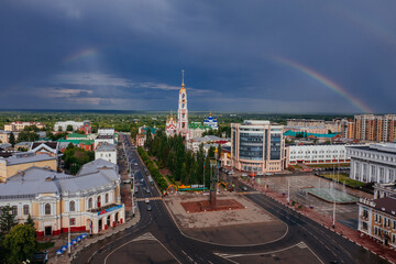 Rainbow over the city of Tambov, aerial view