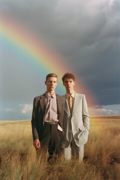 two male friends/models/lgbtq+ couple standing in nature with rainbow with a thoughtful/sad expression in a fashion/beauty editorial magazine style film photography look - generative ai art