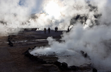 Exploring the fascinating geothermic fields of El Tatio with its steaming geysers and hot pools high up in the Atacama desert in Chile, South America