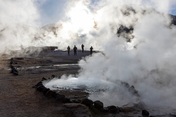 Exploring the fascinating geothermic fields of El Tatio with its steaming geysers and hot pools high up in the Atacama desert in Chile, South America