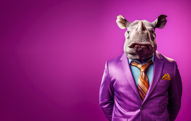 Cool looking rhino wearing funky fashion dress - jacket, shirt, tie. Wide banner with space for text at side. Stylish animal posing. Generative AI