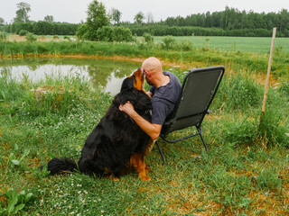Bald male hugging his huge Bernese mountain dog sitting on a sunbed by a lake on a private land. Love and friendship expression. Animal care and relaxing after work in calm nature environment.