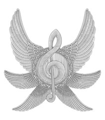 Music note with six wings and floral ornament, vintage engraving drawing style vector illustration