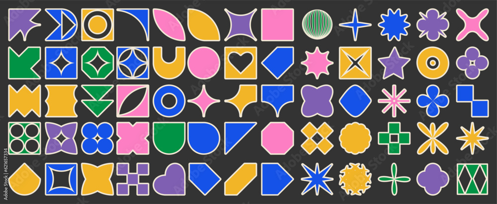 Poster set of abstract aesthetic y2k geometric elements. colorful retro vector shapes. eps 10