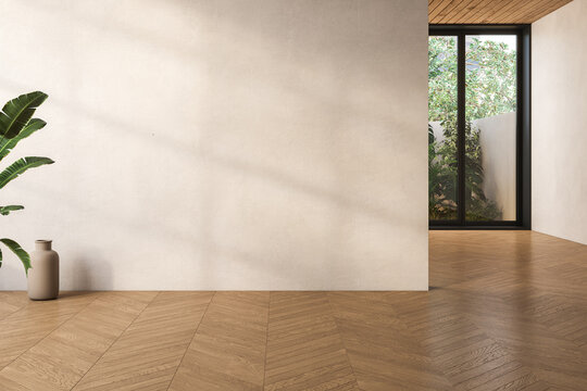 Modern contemporary loft empty room with open door to garden 3d render The Rooms have parquet floors ,wooden plank ceiling